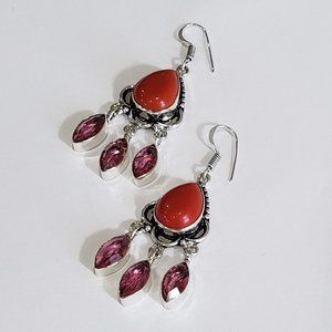 Red coral pink topaz gemstone 925 silver drop dangle earrings